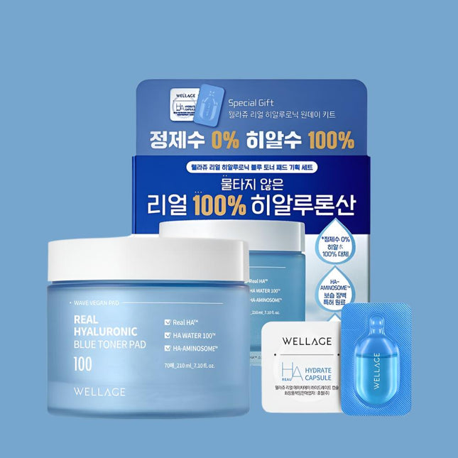 WELLAGE Real Hyaluronic Blue Toner Pad Special Set (70 Sheets + One Day Kit 1ea)